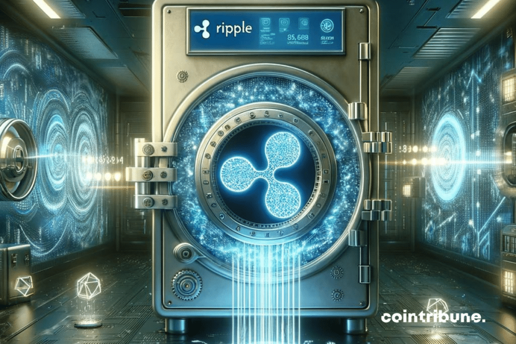 Le logo de la firme crypto Ripple inscrit sur une sorte de réfrigérateur pour illustrer la conservation de cryptos, service dans lequel la société envisage de se lancer