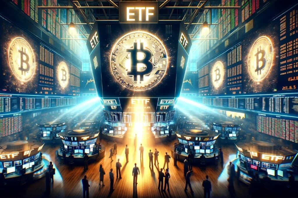 ETF Bitcoin : le logo du Bitcoin qui dominent dans une place boursière traditionnelle