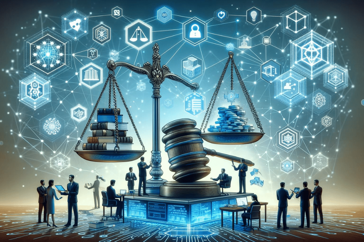 Une balance de justice avec en arrière-plan une représentation de la blockchain