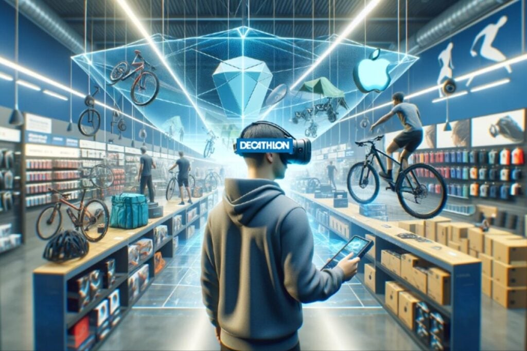 Technologie : un homme qui achète des articles sportifs dans un magasin avec un Casque VR