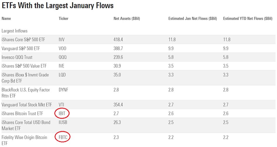 ETF Bitcoin - Top 10 ETF avec les plus flux de janvier - source : Nate Geraci sur X