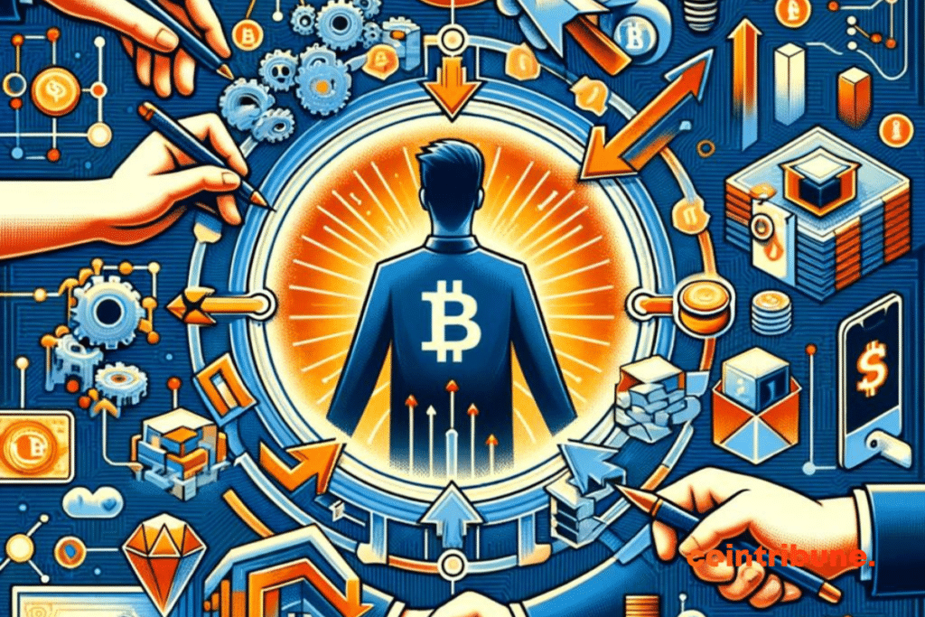 Un cercle avec à son centre, le logo de Bitcoin et au tour duquel se trouvent des outils de création