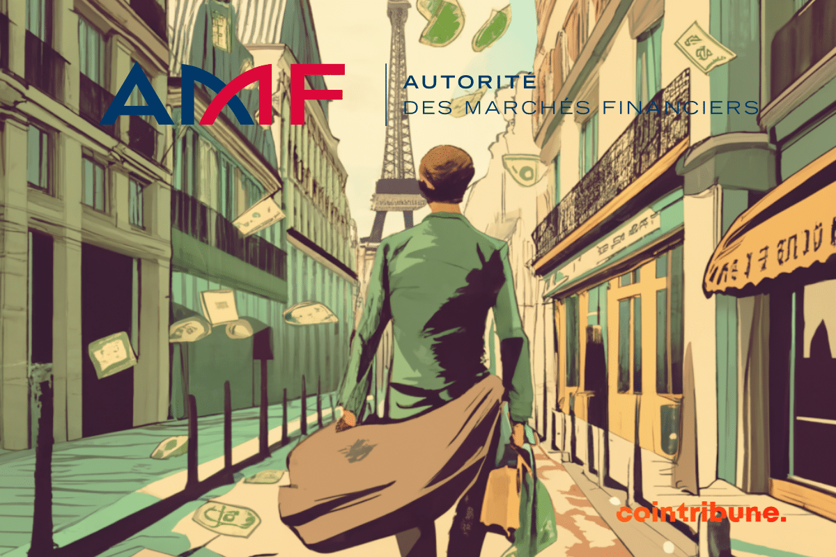 Personne traversant les rues de Paris, logo de l'AMF