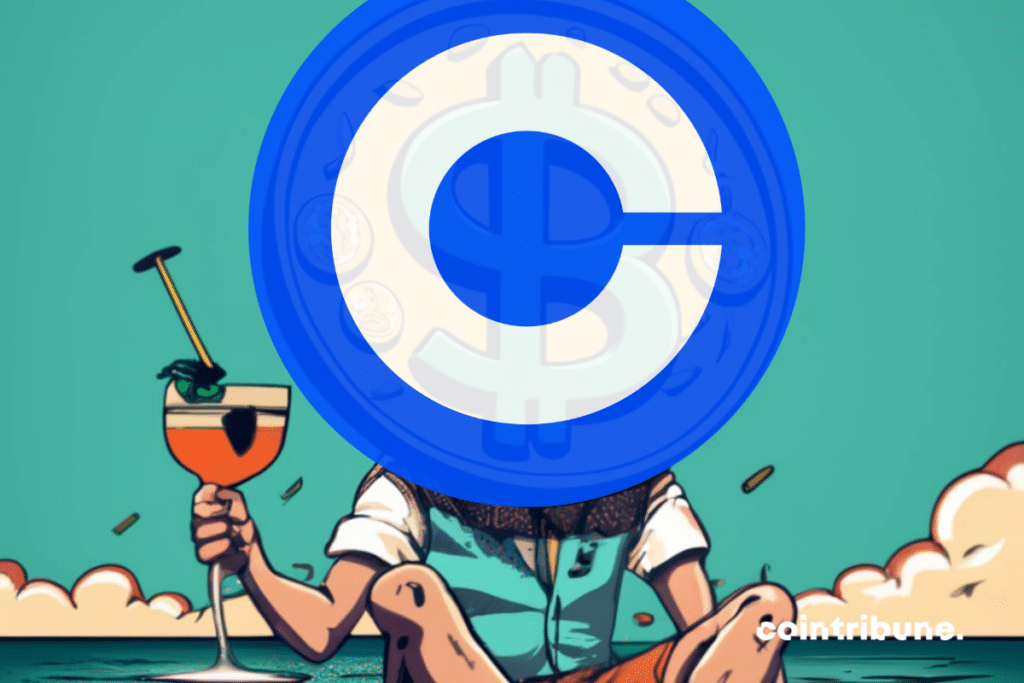 Personne assis sur une plage, logo de Coinbase