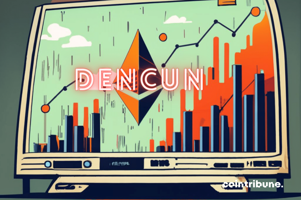 Ecran avec graphique d'évolution prix Ethereum, mention "Dencun"