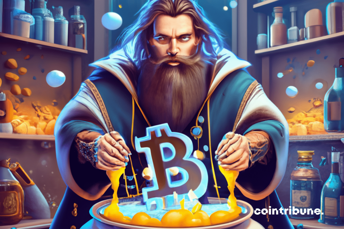 Druide préparant une potion magique, logo de bitcoin
