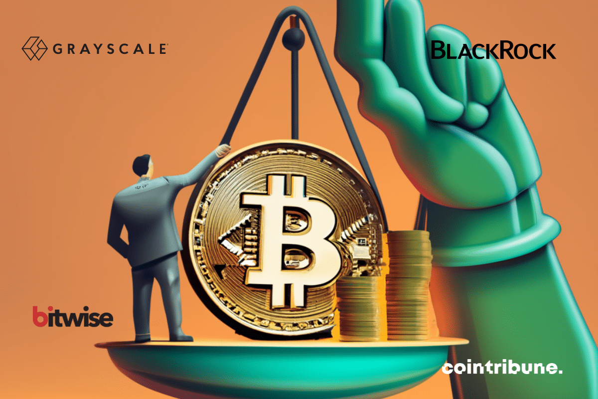 Balance et main géante, logos de bitcoin, Bitwise, BlackRock et Grayscale