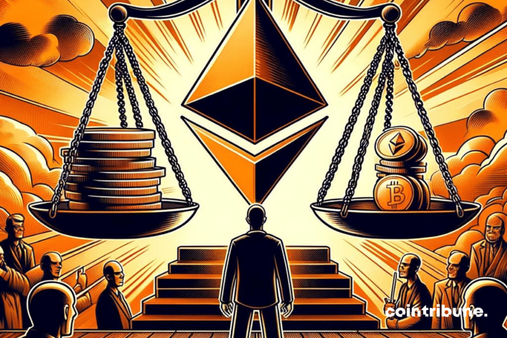 Le symbole de la blockchain Ethereum au milieu d'une balance