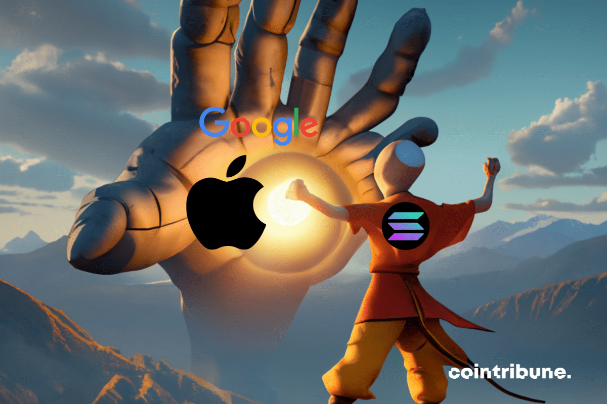 Héros de dessins animés affrontant une main géante, logos de Solana, Apple et Google