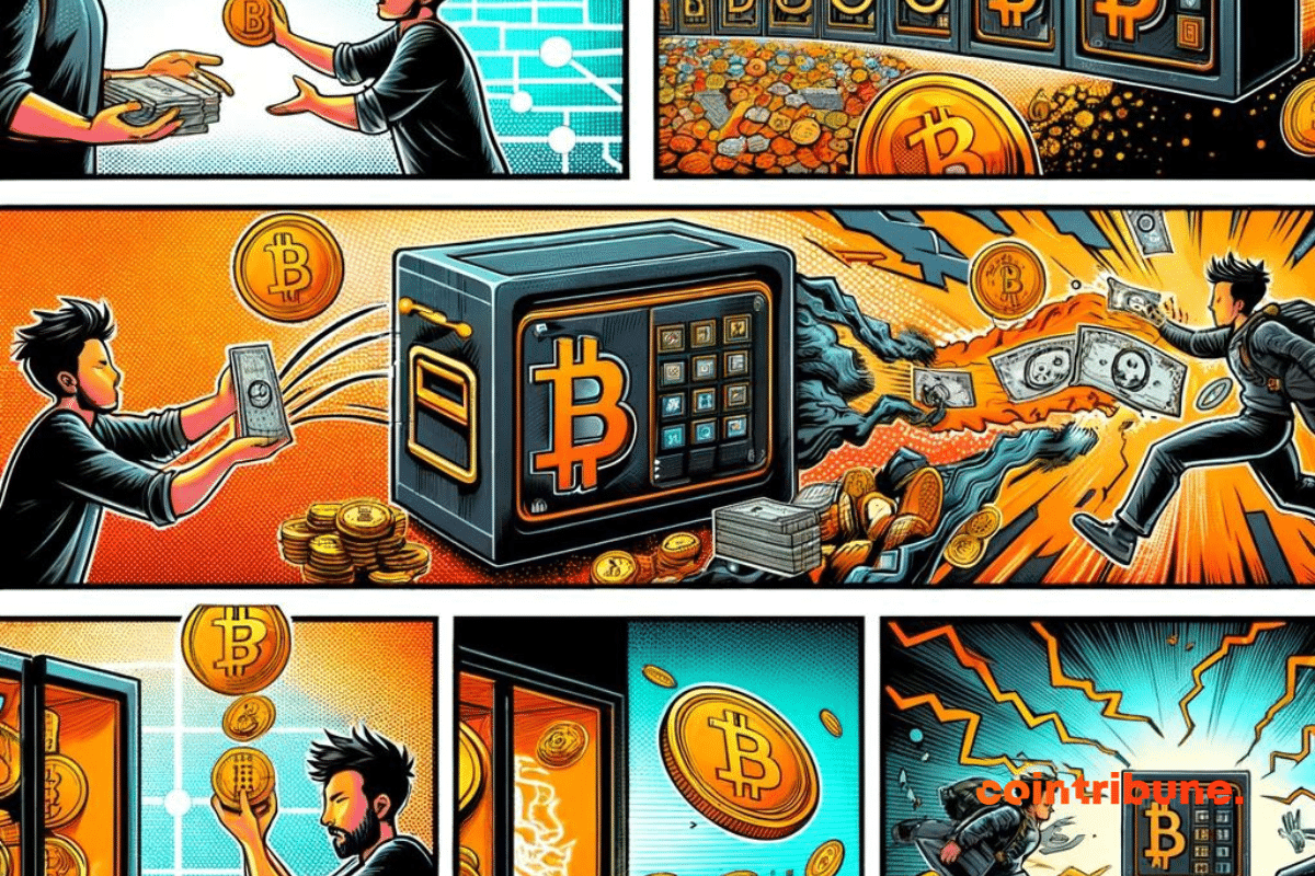 Un coffre-fort portant le logo du bitcoin et des investisseurs effectuant leurs transactions