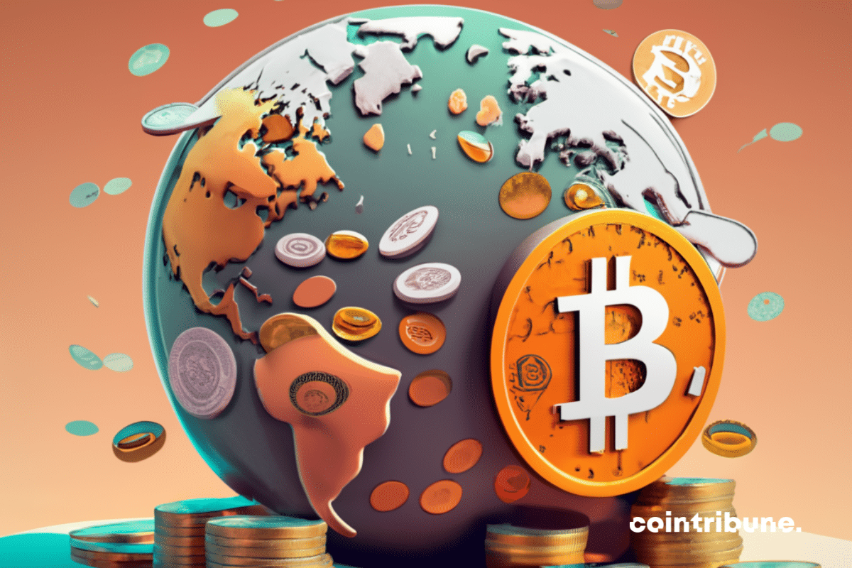 Carte du monde et logo de bitcoin