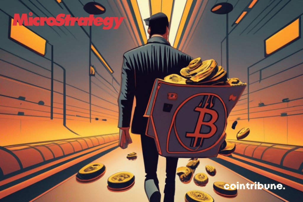 Homme avec un sac bitcoin traversant un tunnel