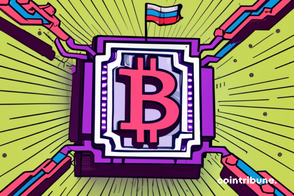 Circuit intégré, logo de bitcoin, drapeau russe