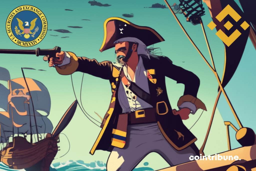 Guerre pirates et logos de la SEC et de Binance