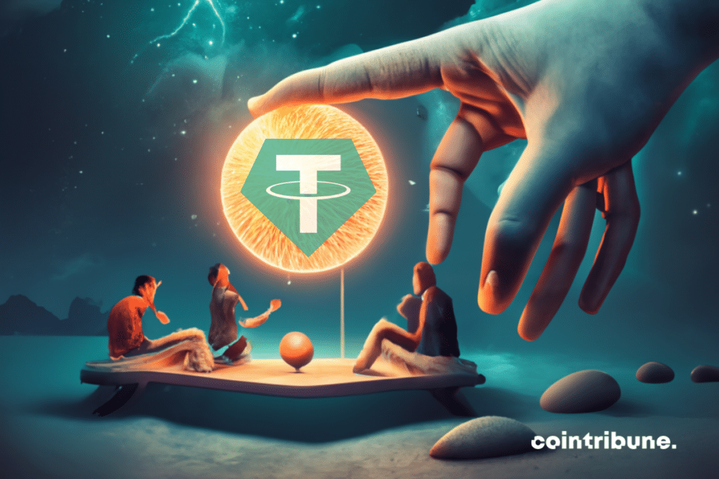 Boule lumineuse au milieu d'une assemblée, logo de Tether