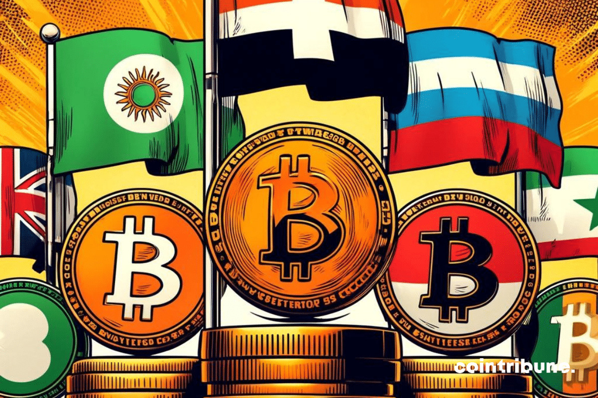 Quelques pièces de bitcoin, et des drapeaux de pays intéressés par la crypto phare