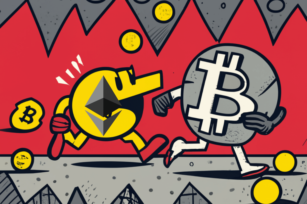 Course de pièces, logos d'Ethereum et de bitcoin