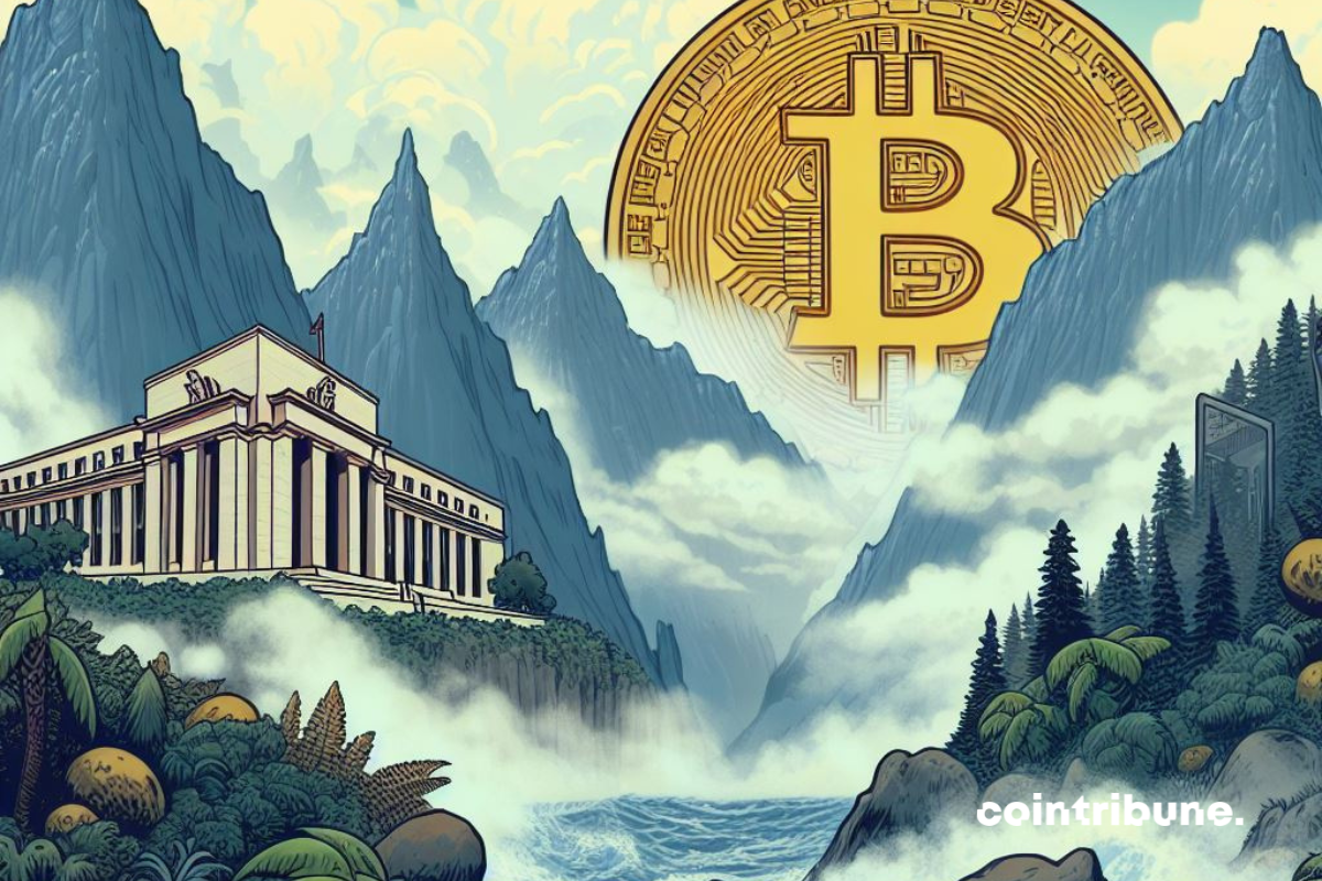 Bureau de la FED sur des montagnes, pièce de bitcoin