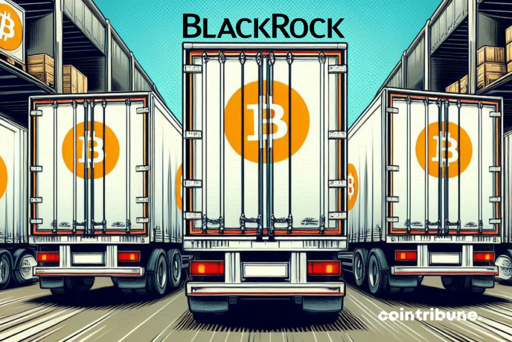 Remorques de camions avec logo de bitcoins, et logo de BlackRock