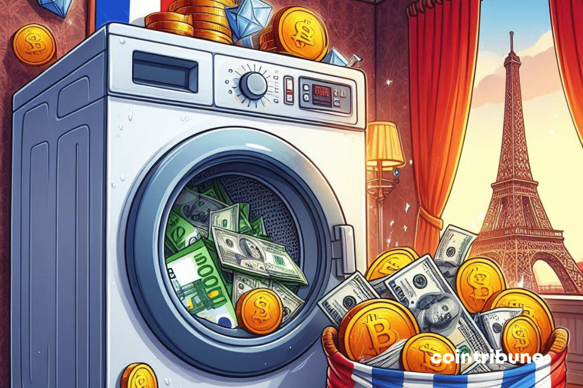 Machine à laver, billets de dollars et d'euros, pièces de bitcoin, Tour Eiffel