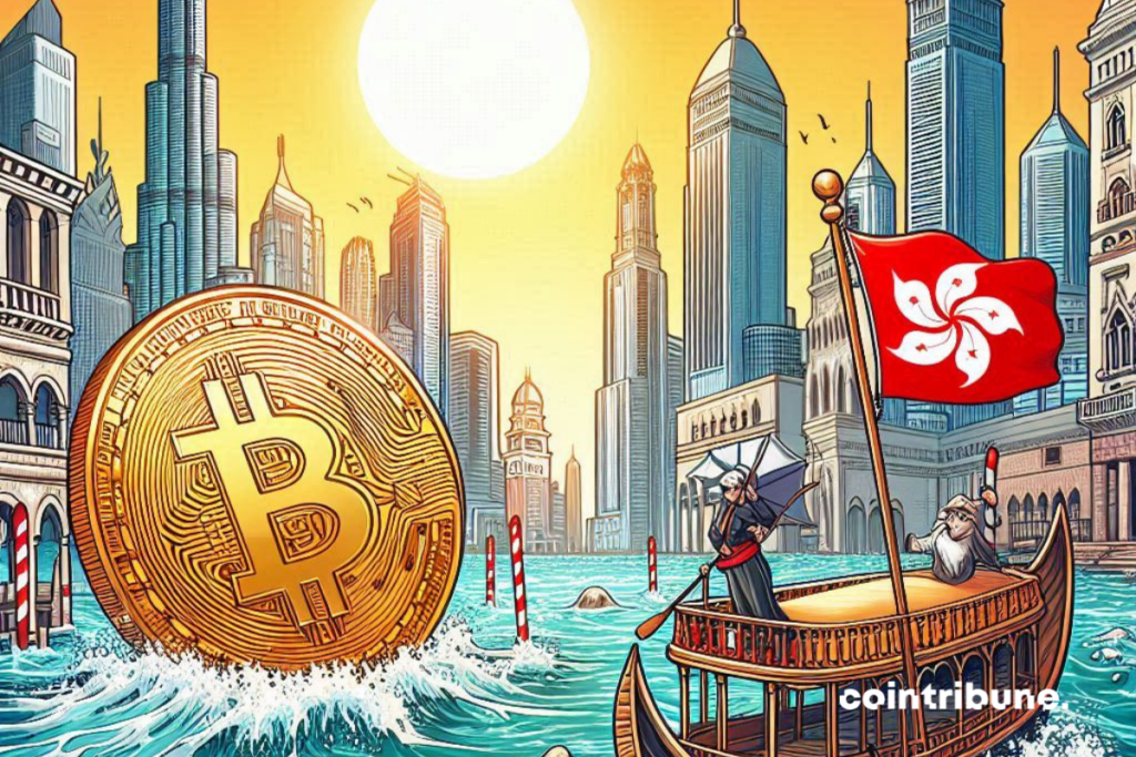 Ville de Dubaï inondée, logo de bitcoin et vaporetto avec drapeau de Hong Kong
