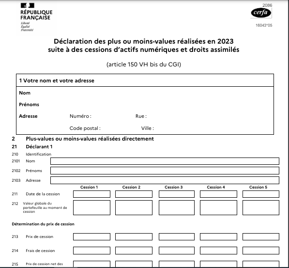 Formulaire 2086 pour la déclaration individuelle des cessions imposables