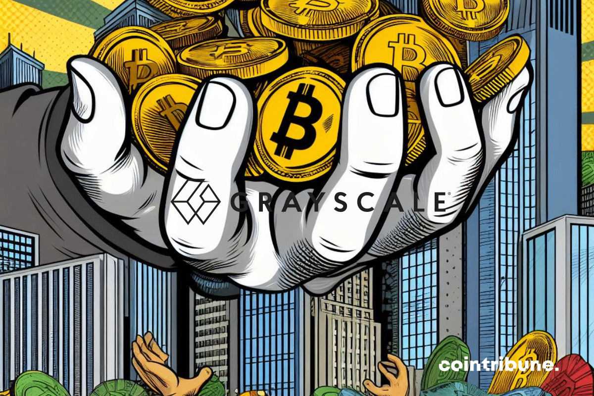 Bitcoins in a giant hand