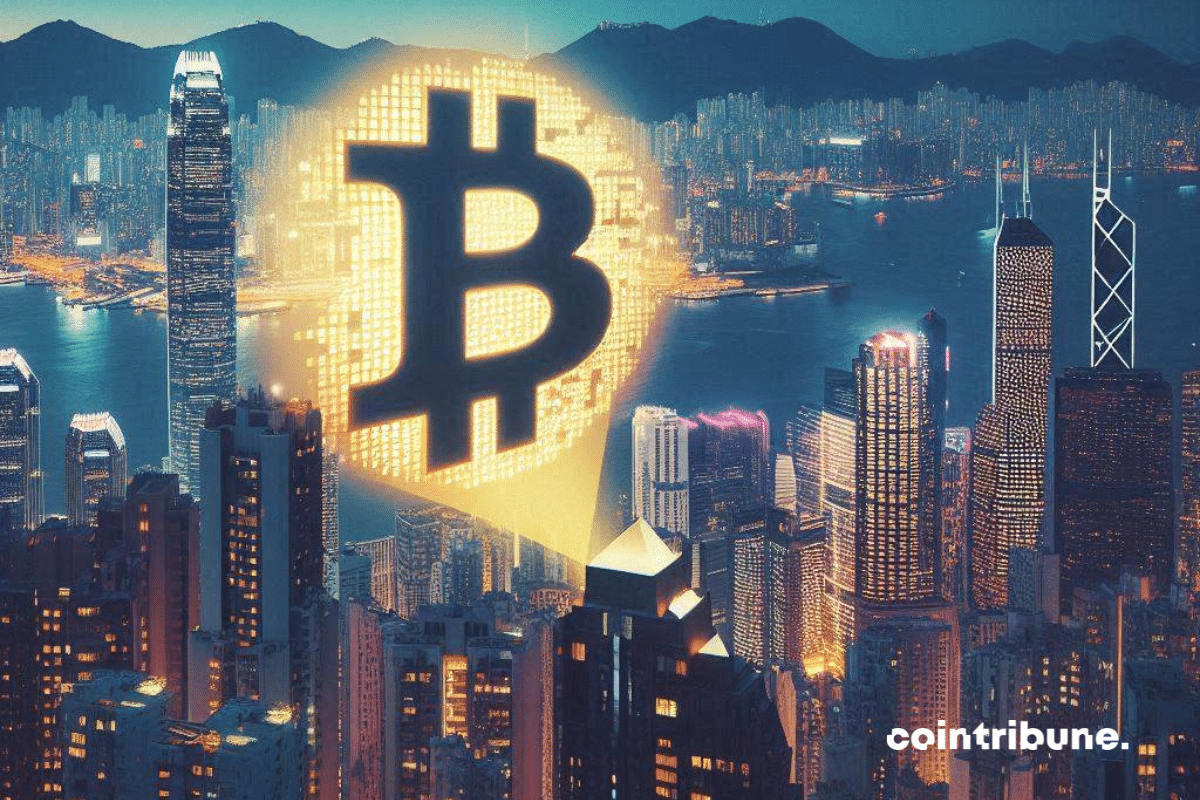 Ville de Hong Kong, logo géant de bitcoin