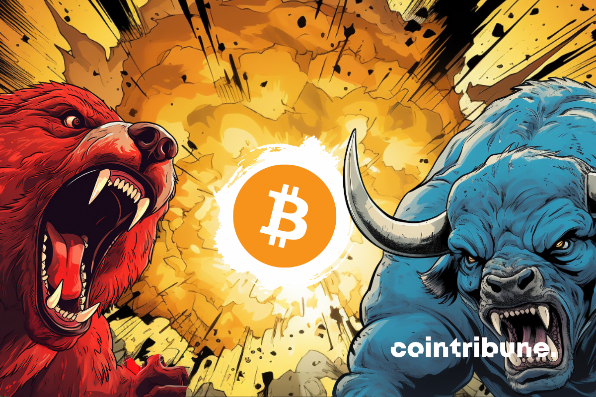 Logo Bitcoin au centre d’une explosion entre un ours rouge et un taureau bleu enragés.