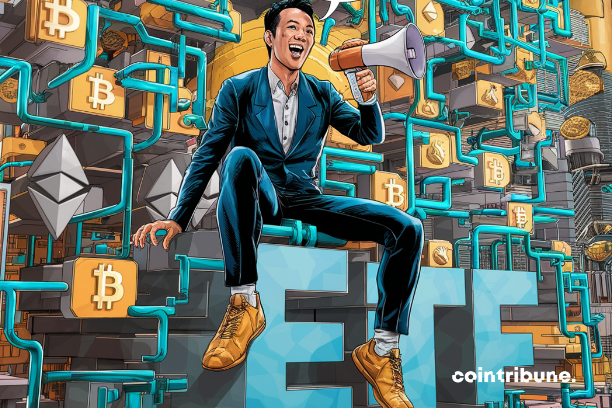 Justin Sun, lettres géantes "ETF", logos de bitcoin et d'Ethereum