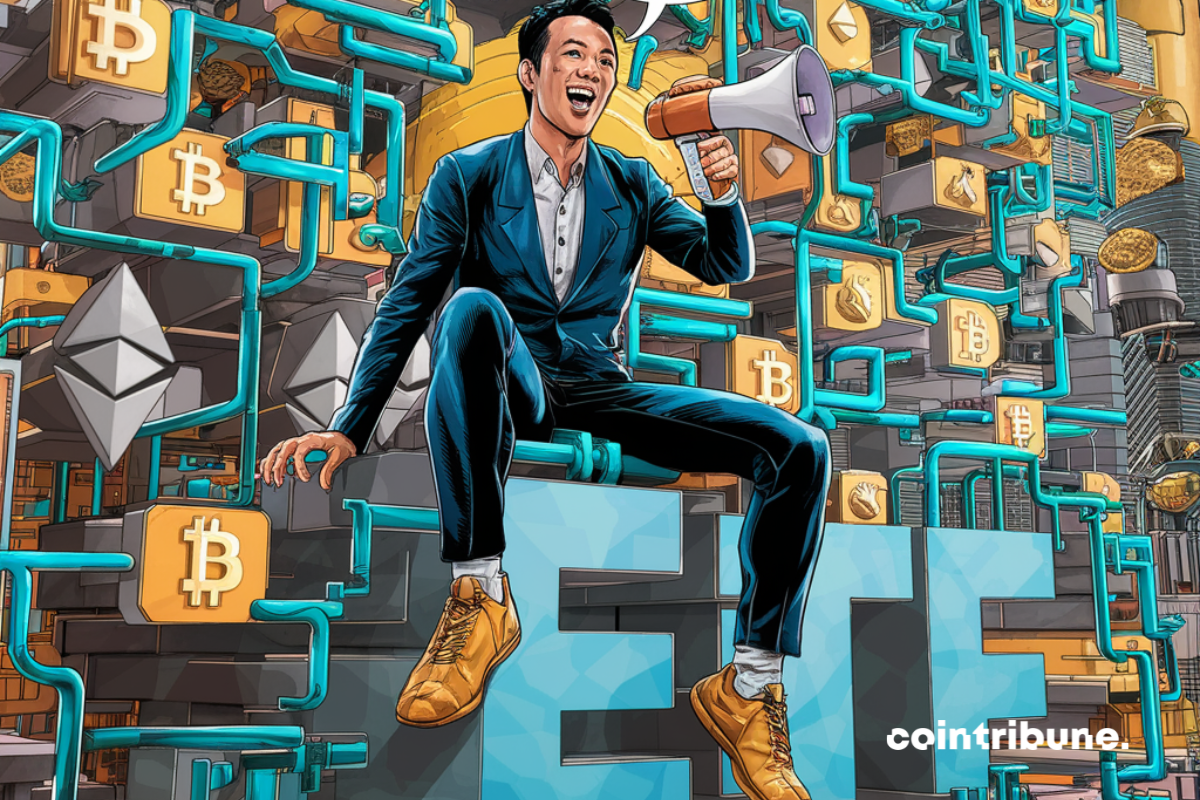 Justin Sun, giant "ETF" letters, bitcoin and Ethereum logos