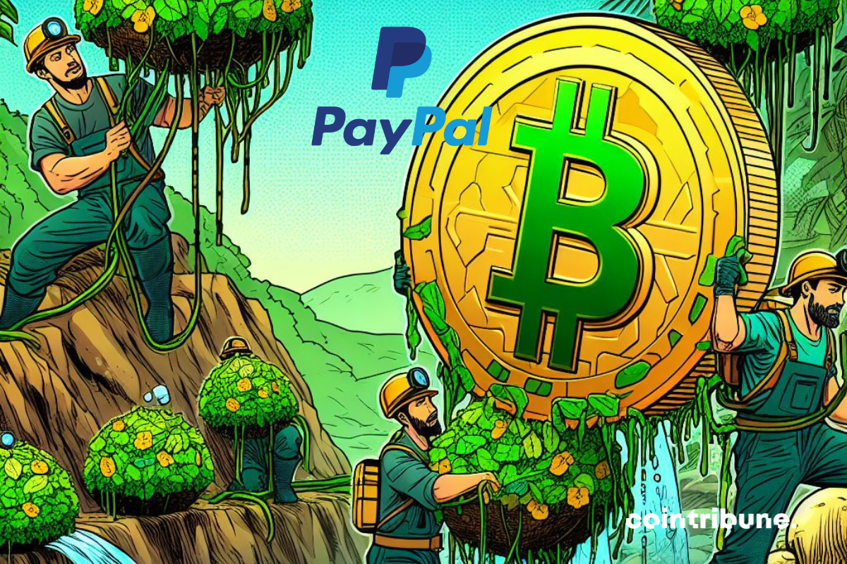 Bitcoin coin and miners in the jungle, PayPal logo