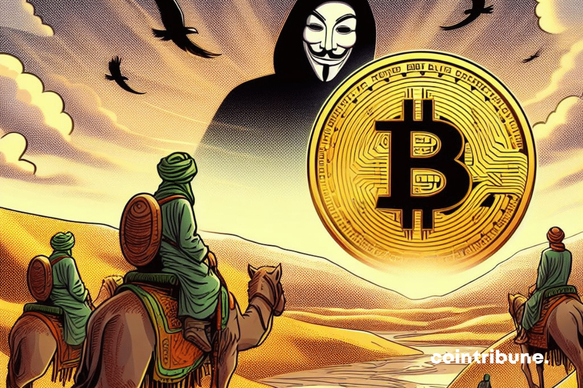 Nomades dans le désert, personnage anonymous et logo de bitcoin