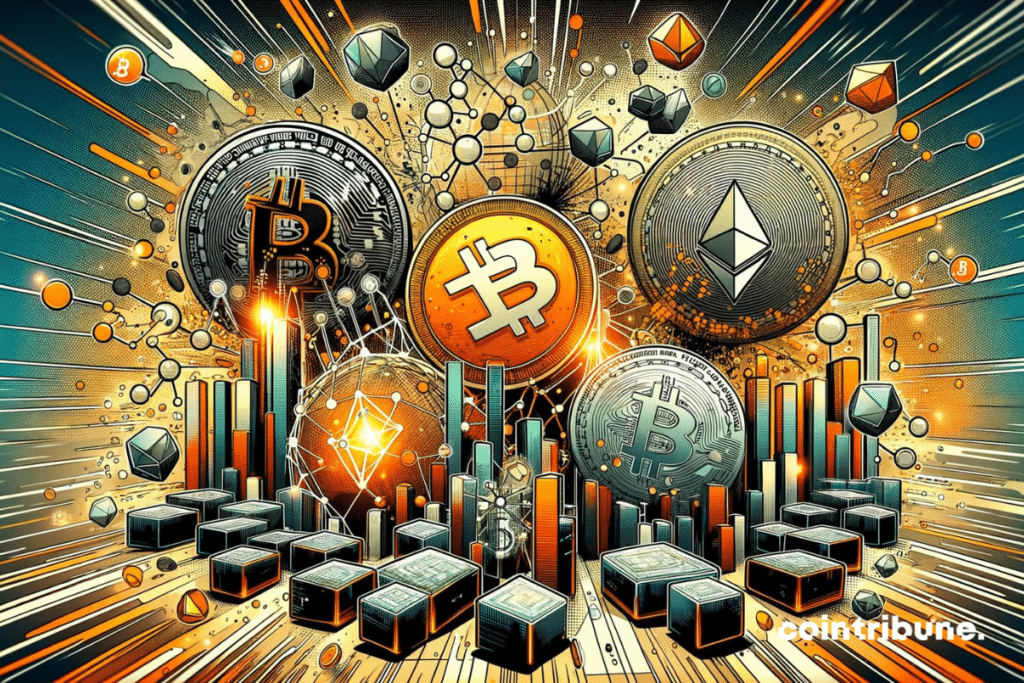 Des pièces de cryptos dont le bitcoin et l'ether