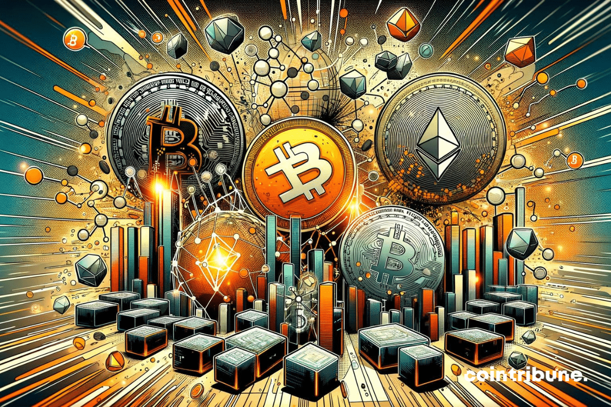 Des pièces de cryptos dont le bitcoin et l'ether