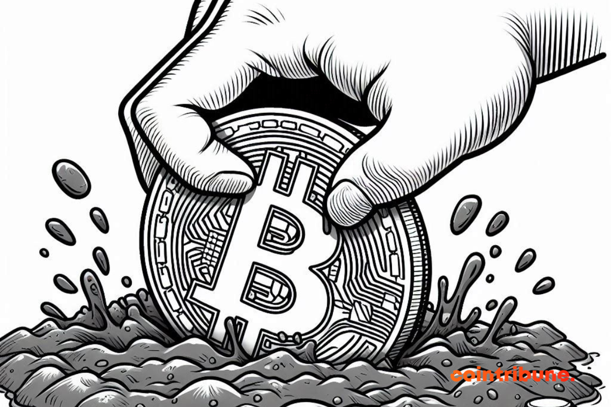 Main enfonçant une pièce de bitcoin dans la boue