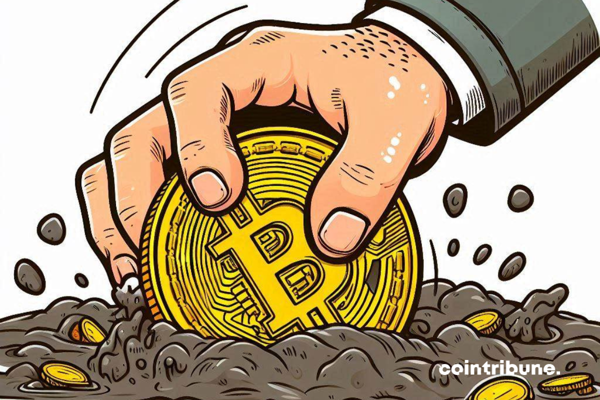 Main enfonçant une pièce de bitcoin dans la boue