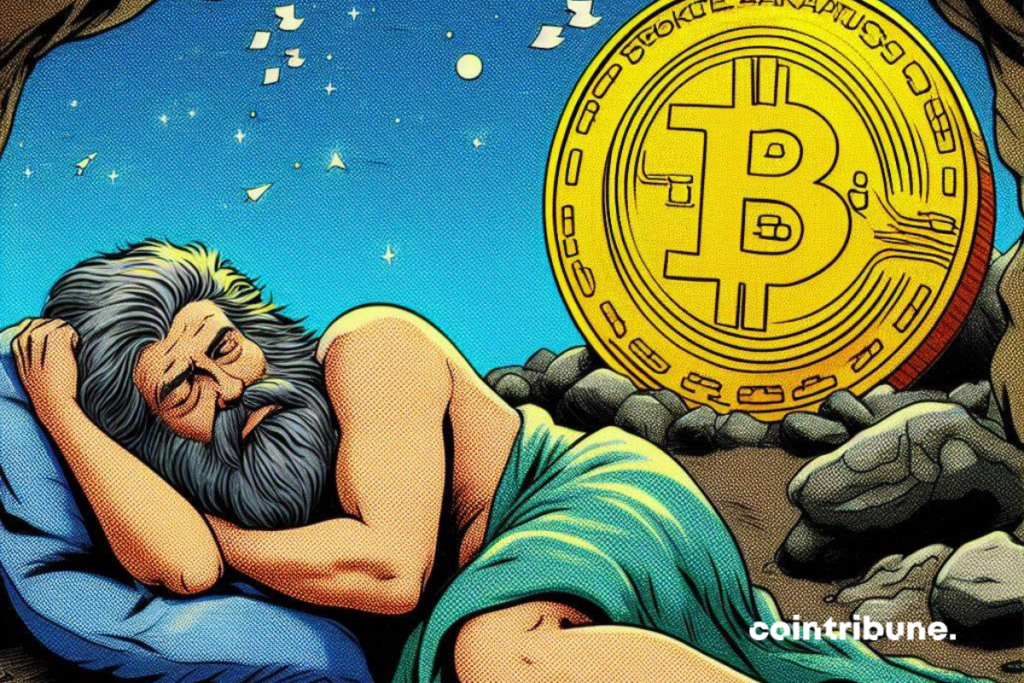 Homme caverneux et pièce de bitcoin