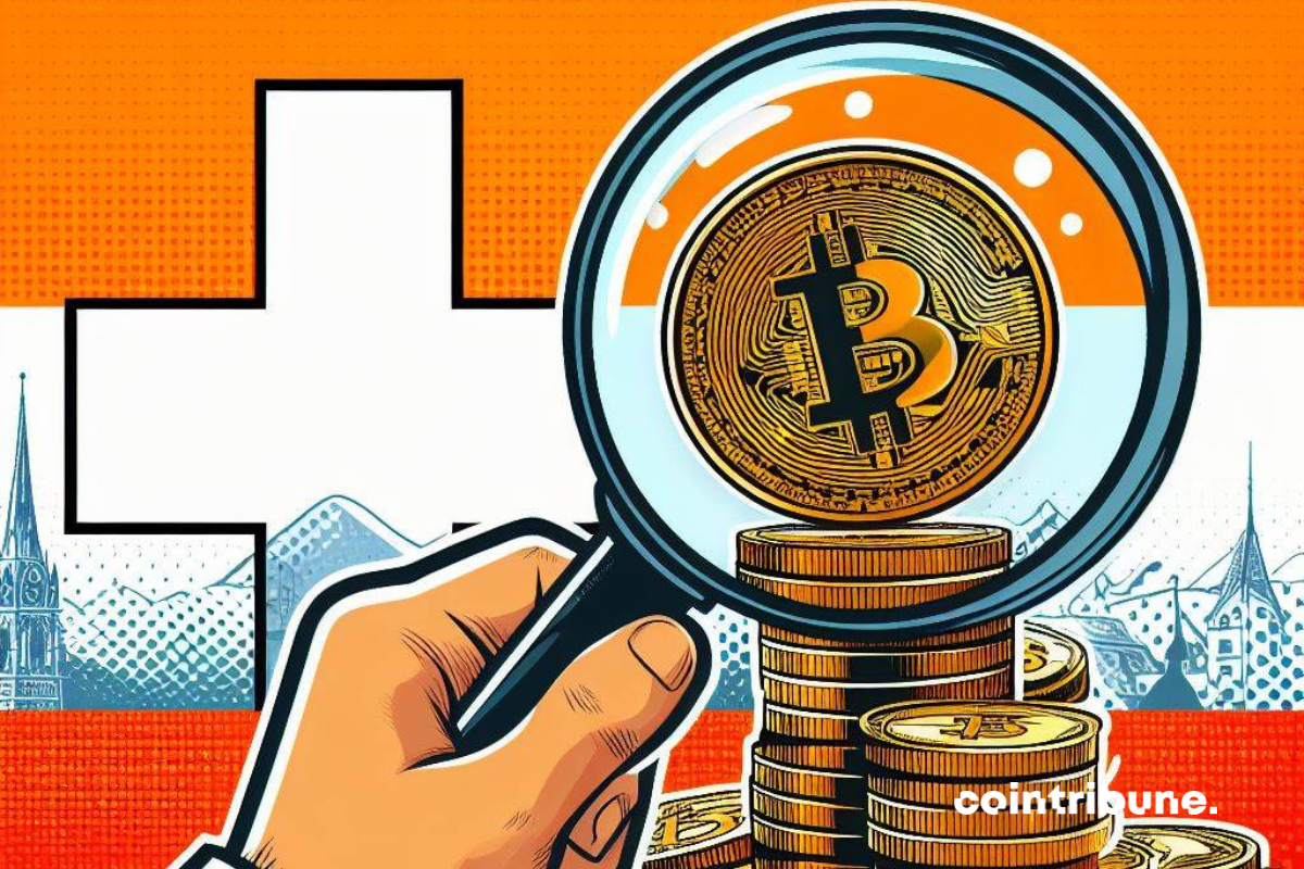 Drapeau suisse, loupe et pièces de bitcoin