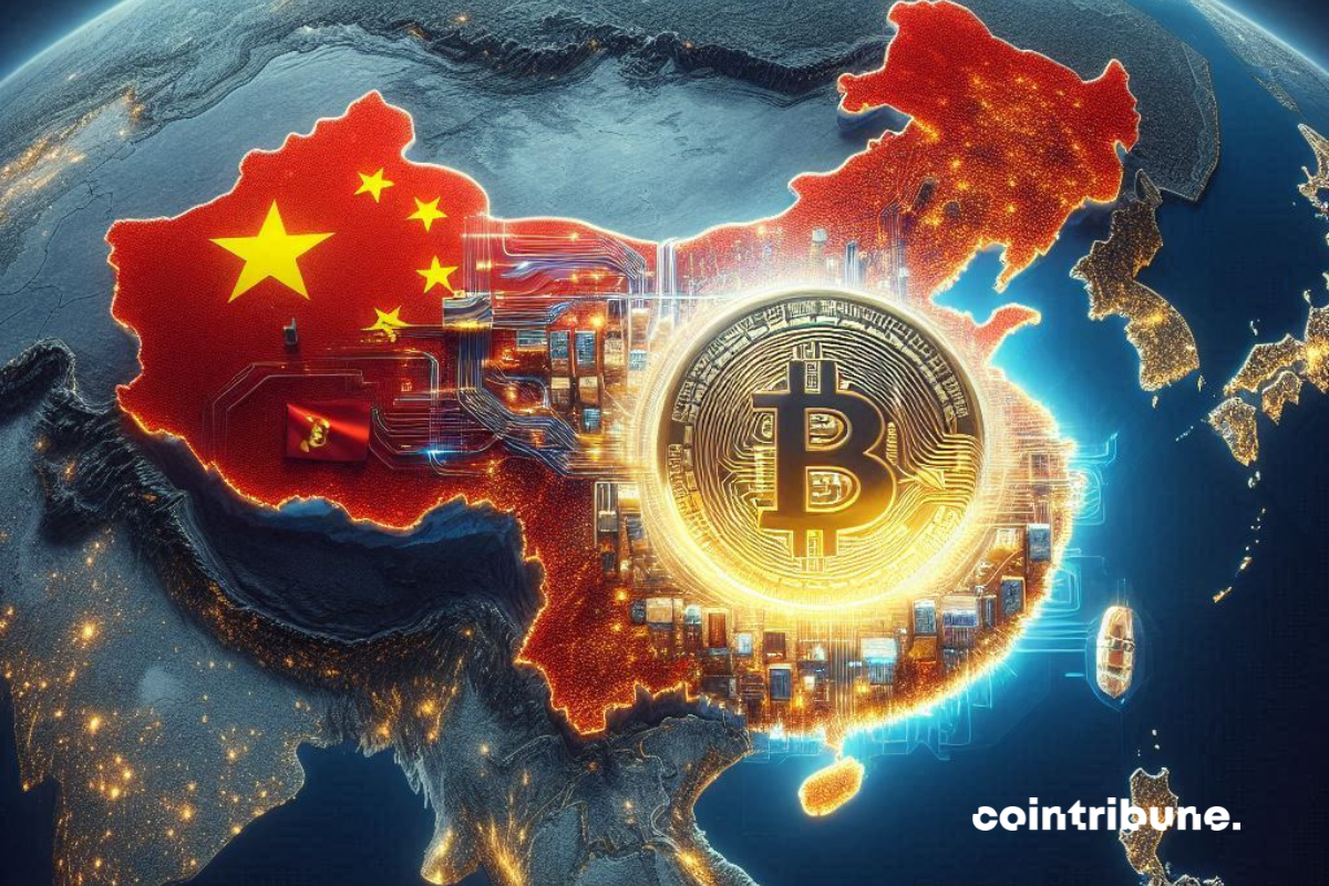 Carte de la chine avec une pièce de bitcoin