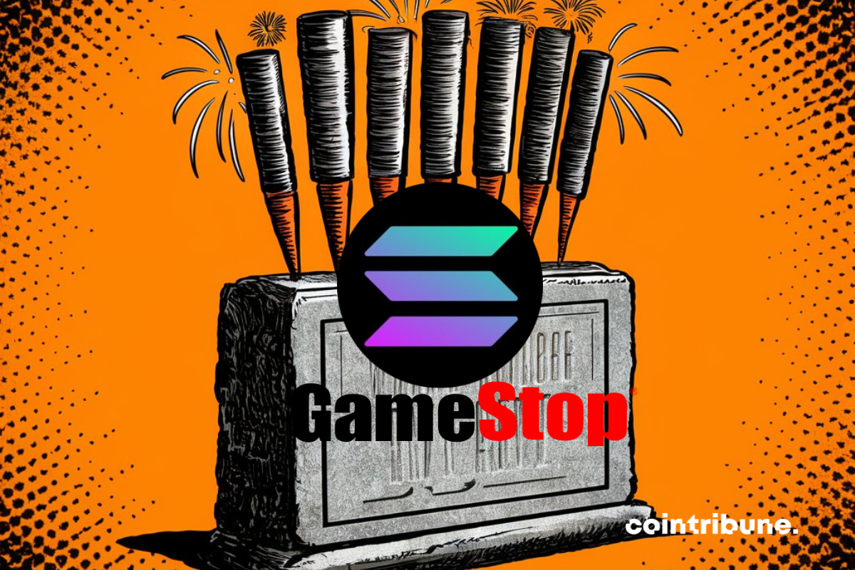 Fresque, feux d'artifices, logos de GameStop et Solana