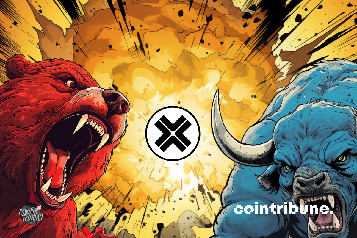 Logo Axelar au centre d’une explosion entre un ours rouge et un taureau bleu enragés.