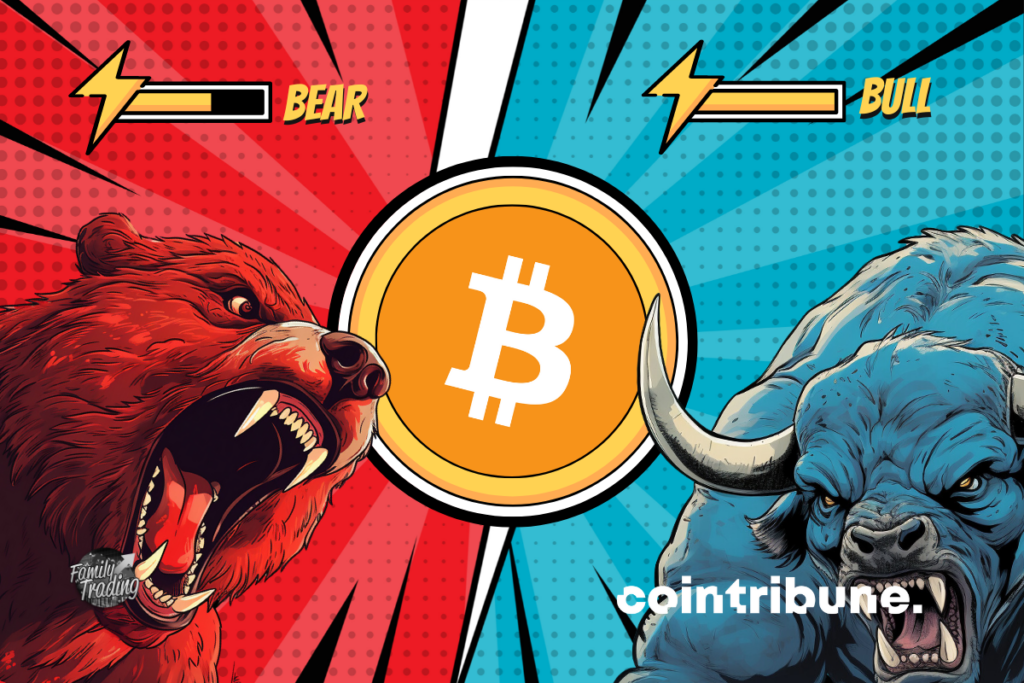 Bitcoin logo red and blue background with angry red bear and blue bull on both sides.  At the top of each we see each person's power indicator.