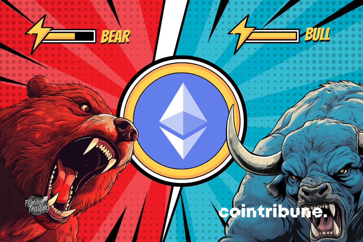 Logo ETH fond rouge et bleu avec de parts et d’autres un ours rouge et un taureau bleu enragés. En haut de chacun, on peut voir la barre de pouvoir de chacun.