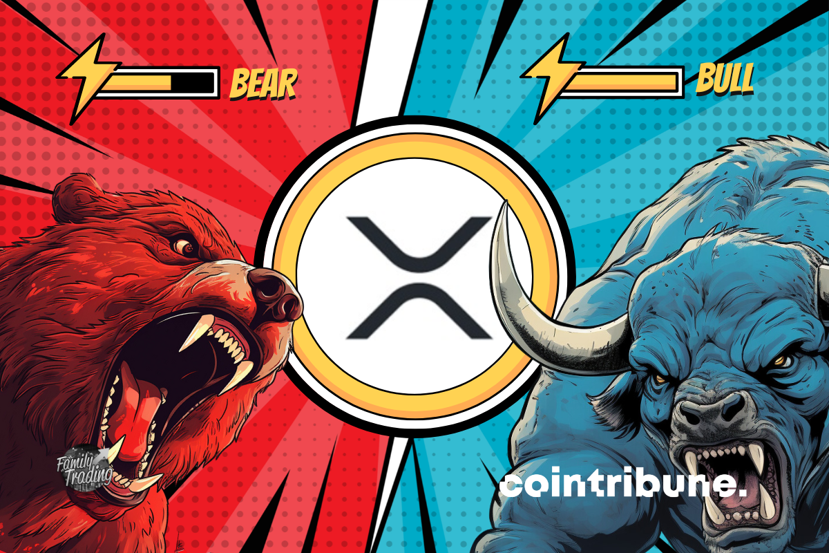 Logo XRP fond rouge et bleu avec de parts et d’autres un ours rouge et un taureau bleu enragés. En haut de chacun, on peut voir la barre de pouvoir de chacun.