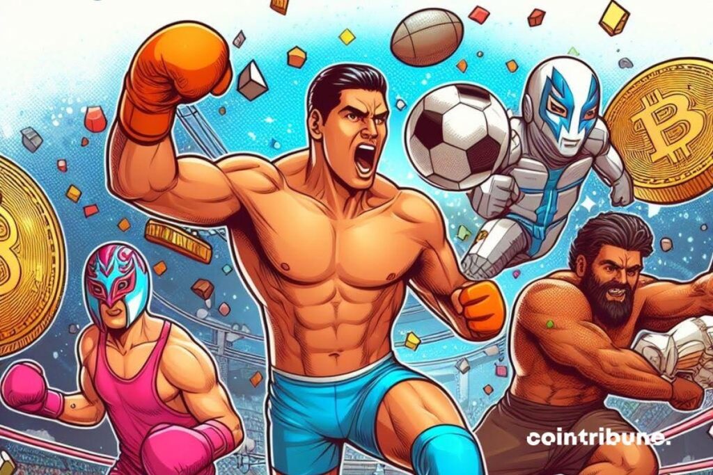 Un homme boxeur au premier plan avec un ballon de foot et d'autres personnages sportifs en arrière plan