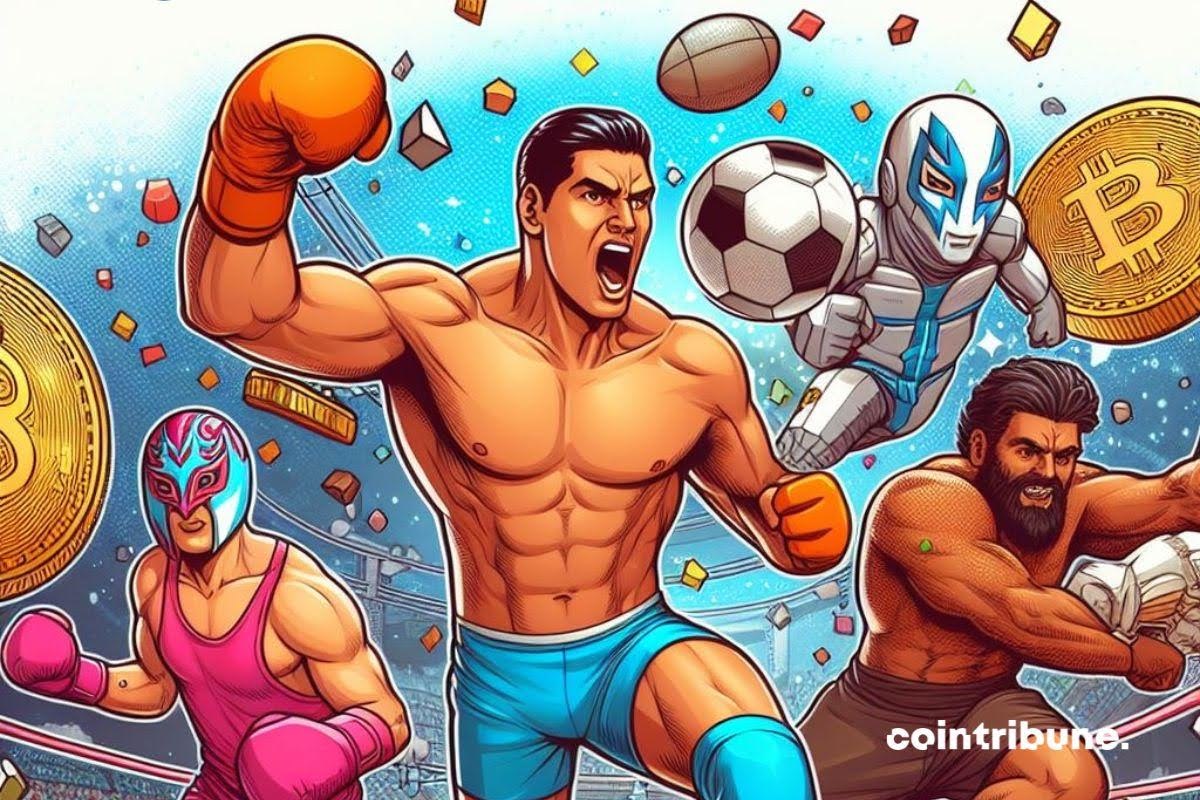 Un homme boxeur au premier plan avec un ballon de foot et d'autres personnages sportifs en arrière plan