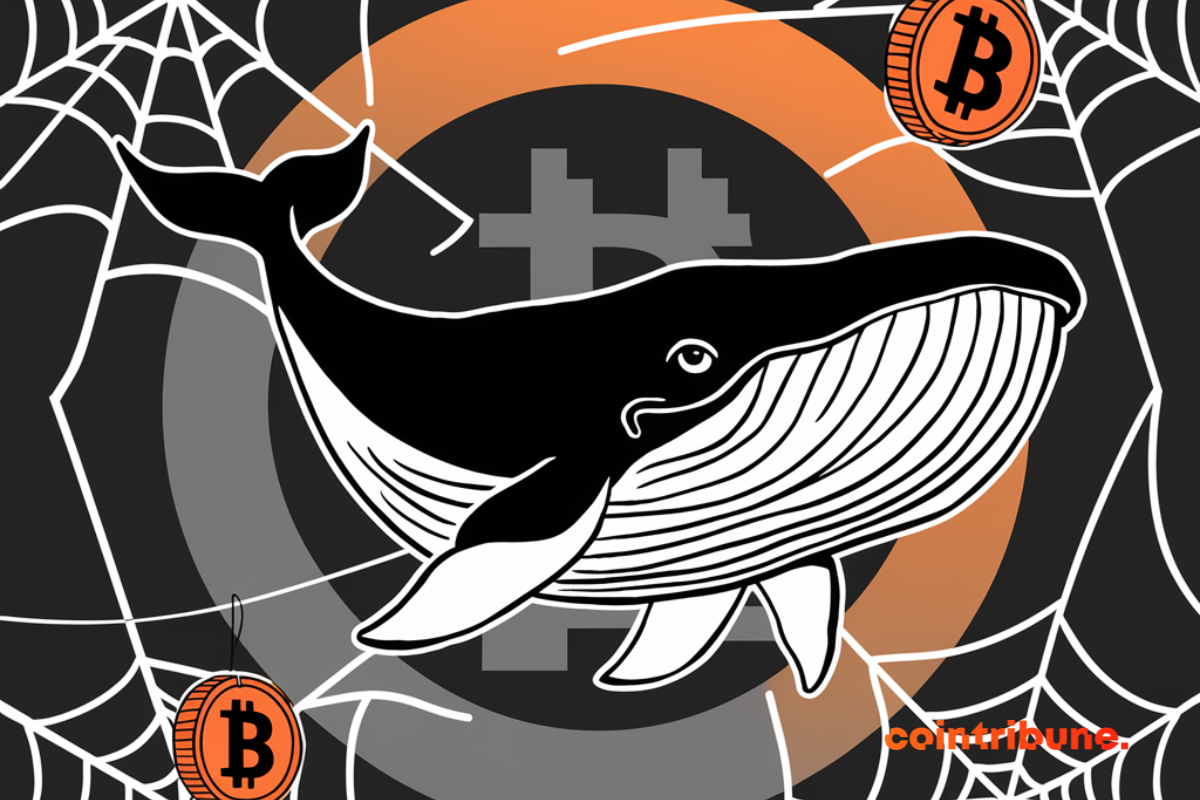 Baleine, pièce de bitcoin, toiles d'araignées