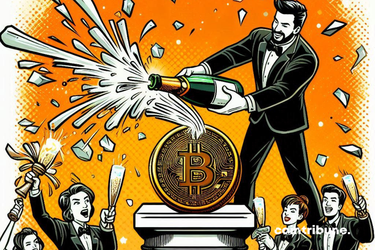 Investisseurs débouchonnant une bouteille de champagne sur une pièce de bitcoin