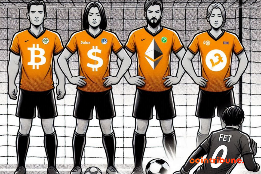 Joueurs de foot, maillots avec logos de bitcoin, ether et autres crypto